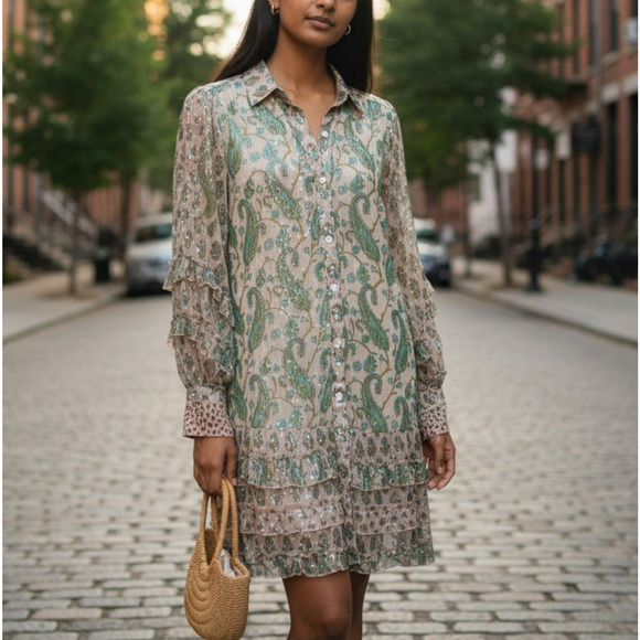 Miss June Paris Tiered Ruffle Metallic Shirt Dress One Size Sheer Button Up Boho - Picture 12 of 12